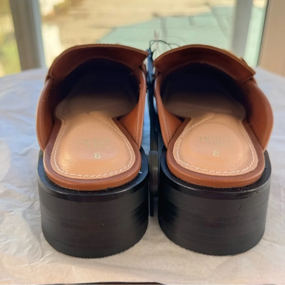 Time & Tru Women's Brown Loafer Mules Size 8 Memory Foam Slip On Gold Hardware - Picture 6 of 14